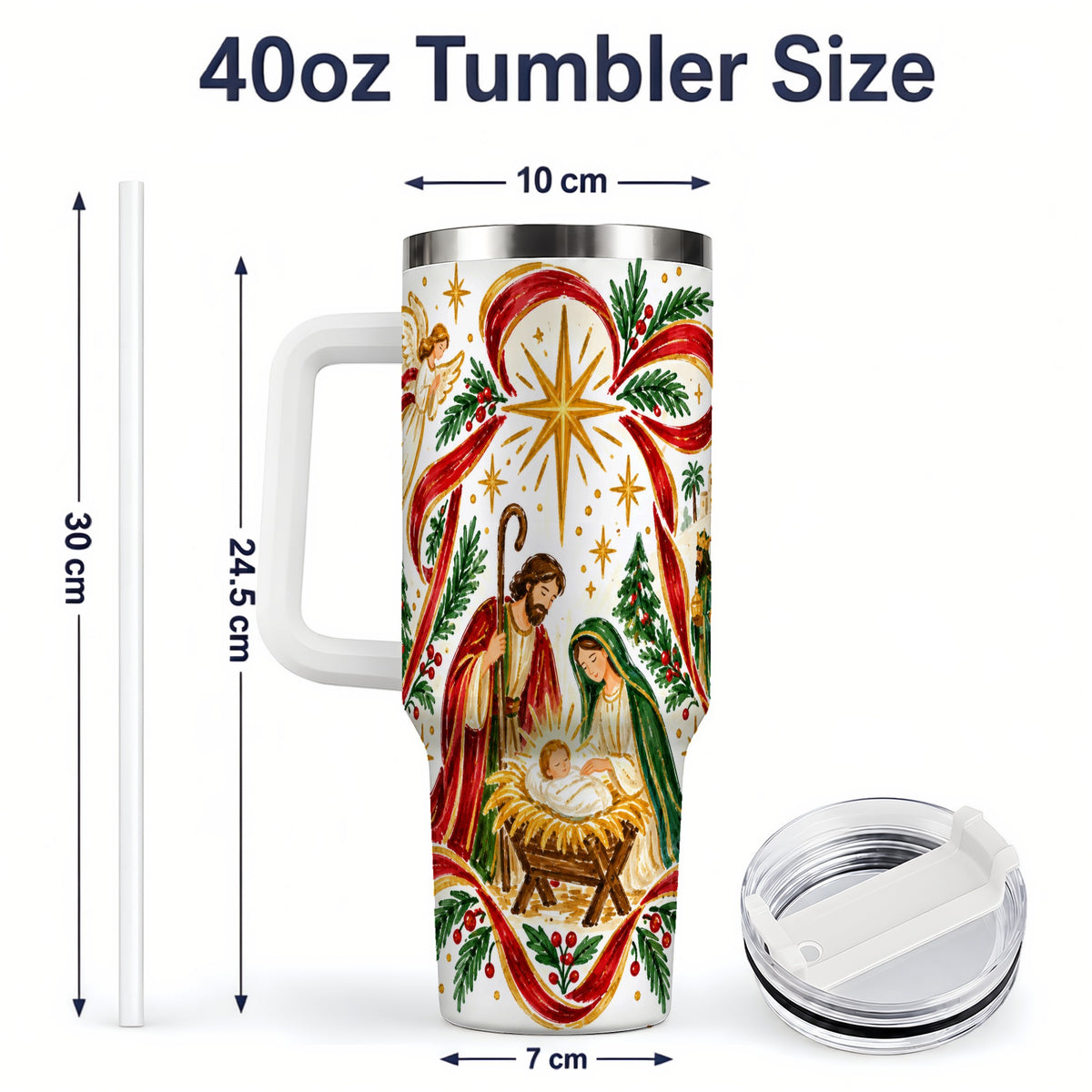 #pl[40oz|White] Nativity Christmas 40oz Tumbler, Holy Family Angel Religious Holiday Scene
