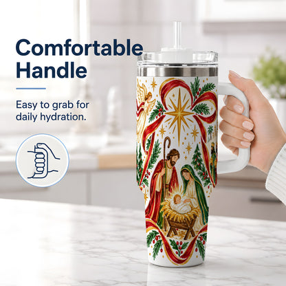 #pl[40oz|White] Nativity Christmas 40oz Tumbler, Holy Family Angel Religious Holiday Scene