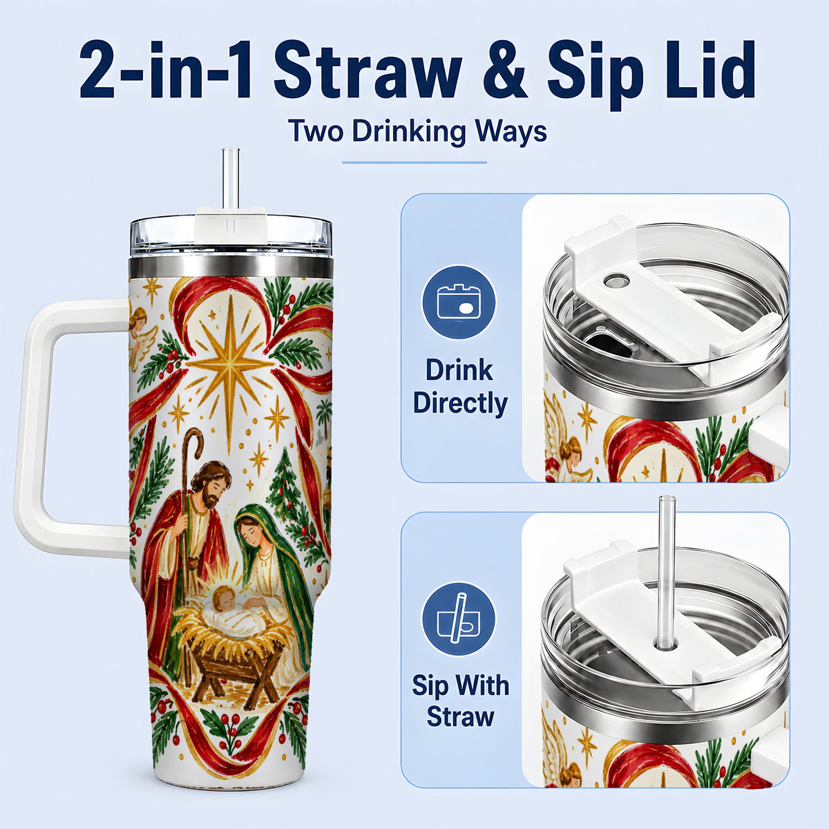#pl[40oz|White] Nativity Christmas 40oz Tumbler, Holy Family Angel Religious Holiday Scene
