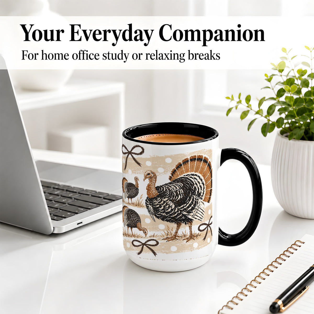 #pl[15oz|Black] Thanksgiving Turkey Ceramic Mug, Rustic Bow Autumn Farm Artwork