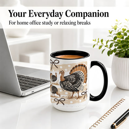 #pl[15oz|Black] Thanksgiving Turkey Ceramic Mug, Rustic Bow Autumn Farm Artwork