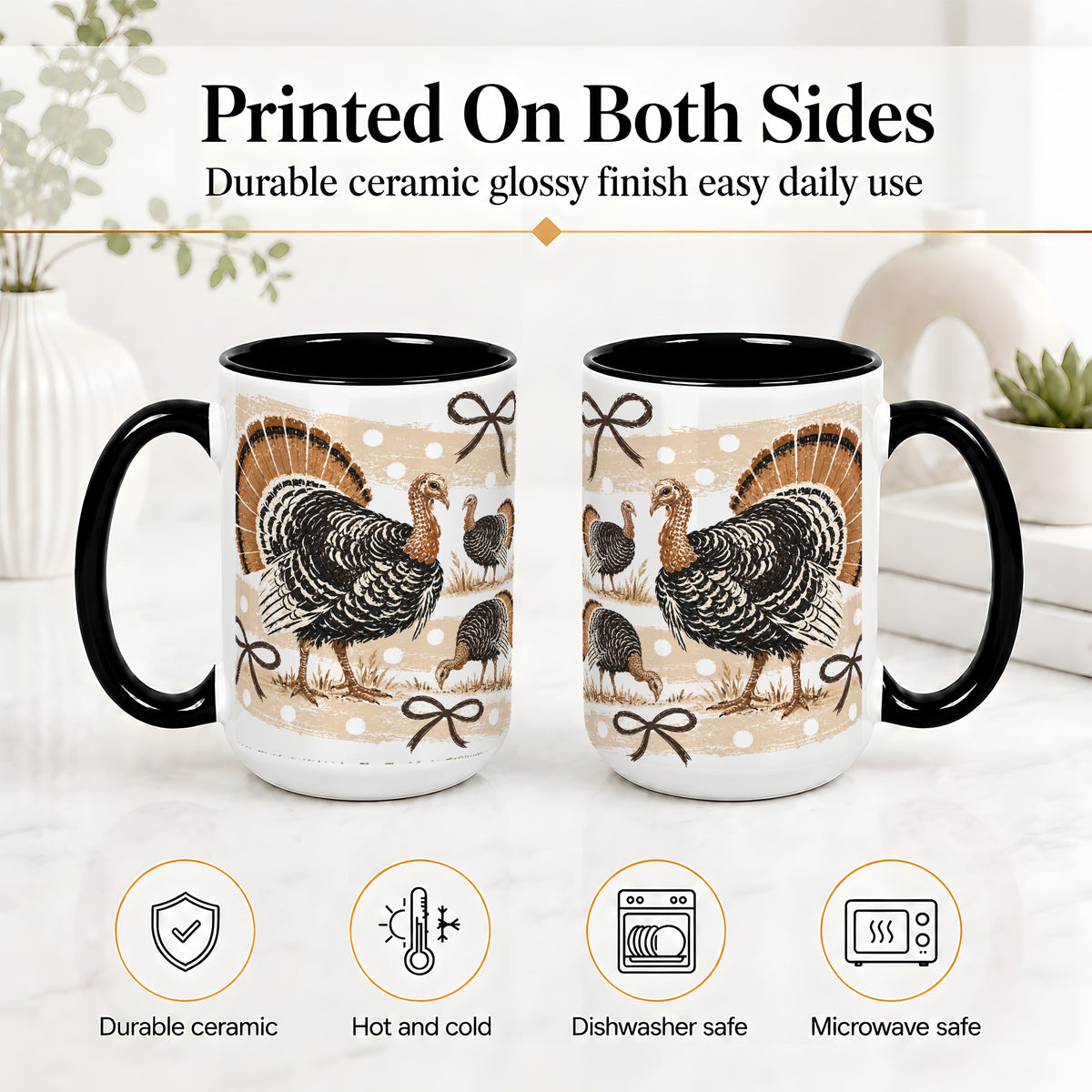 #pl[15oz|Black] Thanksgiving Turkey Ceramic Mug, Rustic Bow Autumn Farm Artwork