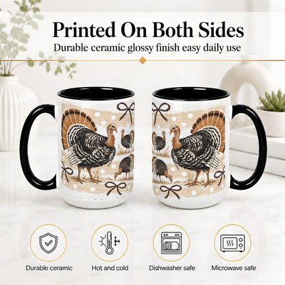 #pl[15oz|Black] Thanksgiving Turkey Ceramic Mug, Rustic Bow Autumn Farm Artwork