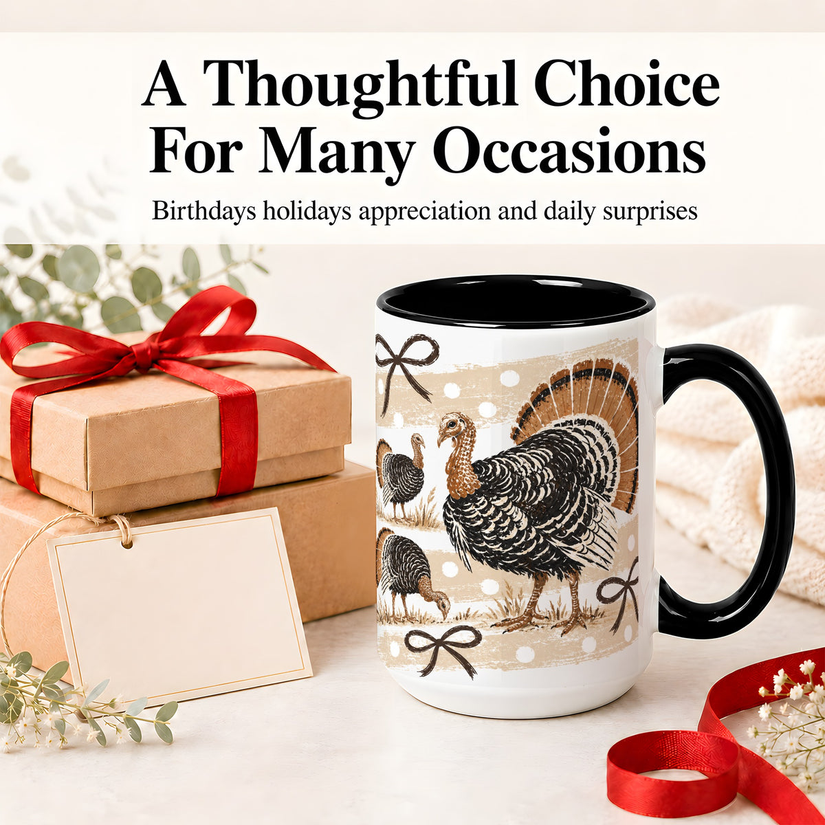 #pl[15oz|Black] Thanksgiving Turkey Ceramic Mug, Rustic Bow Autumn Farm Artwork