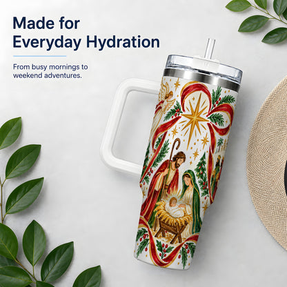 #pl[40oz|White] Nativity Christmas 40oz Tumbler, Holy Family Angel Religious Holiday Scene