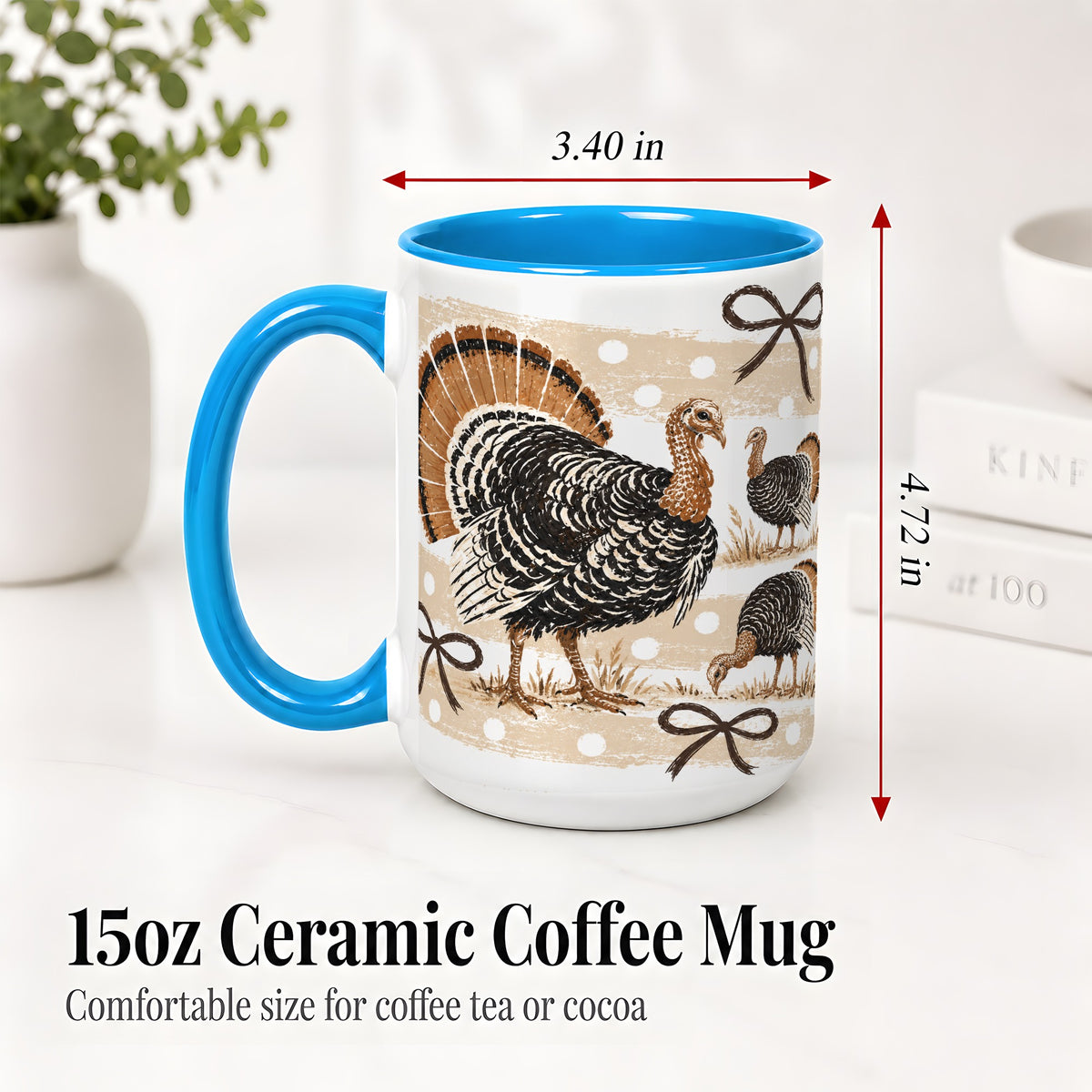 #pl[15oz|Blue] Thanksgiving Turkey Ceramic Mug, Rustic Bow Autumn Farm Artwork