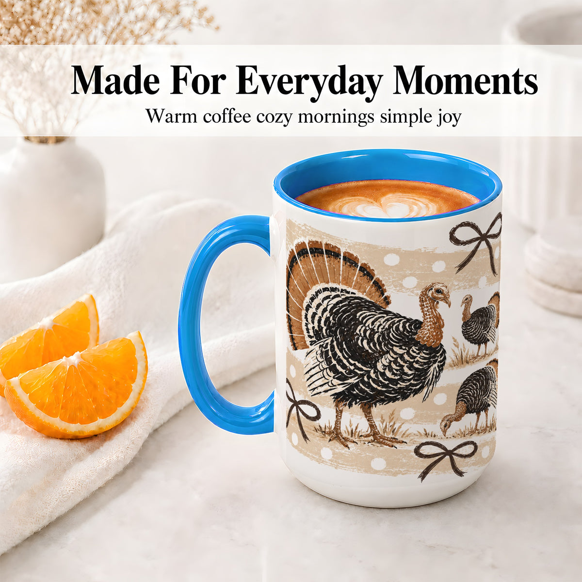#pl[15oz|Blue] Thanksgiving Turkey Ceramic Mug, Rustic Bow Autumn Farm Artwork