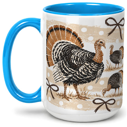 #pl[15oz|Blue] Thanksgiving Turkey Ceramic Mug, Rustic Bow Autumn Farm Artwork