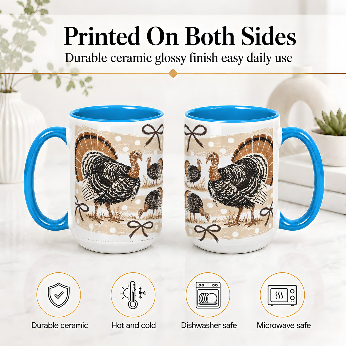 #pl[15oz|Blue] Thanksgiving Turkey Ceramic Mug, Rustic Bow Autumn Farm Artwork