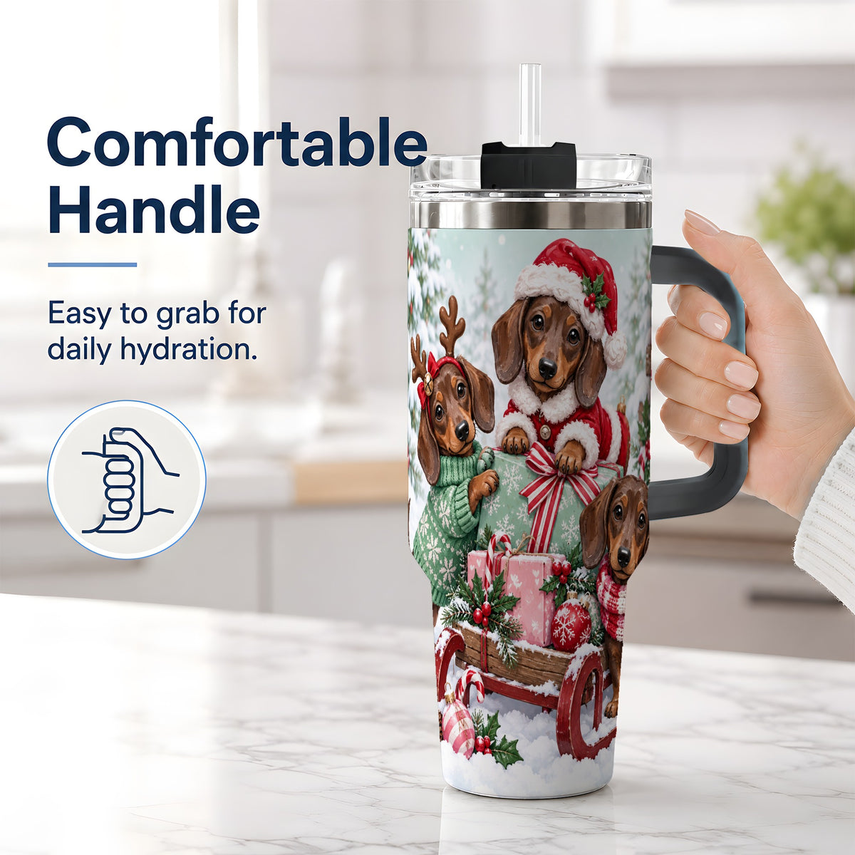 #pl[40oz|Black] Christmas Dachshund 40oz Tumbler, Winter Sled Design for Dog Lovers