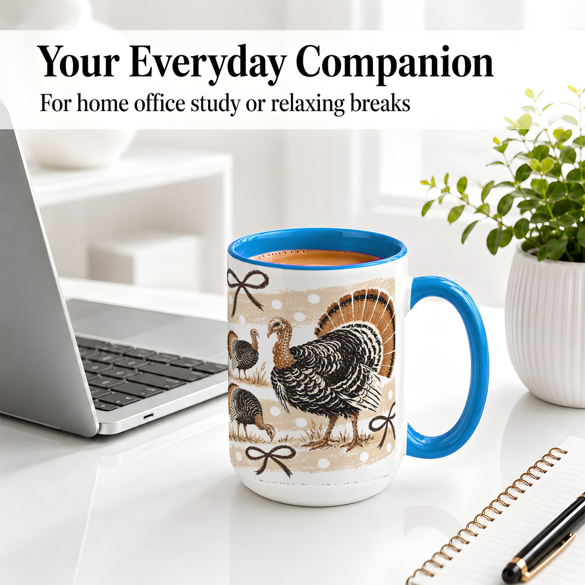 #pl[15oz|Blue] Thanksgiving Turkey Ceramic Mug, Rustic Bow Autumn Farm Artwork