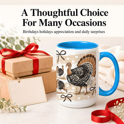 #pl[15oz|Blue] Thanksgiving Turkey Ceramic Mug, Rustic Bow Autumn Farm Artwork