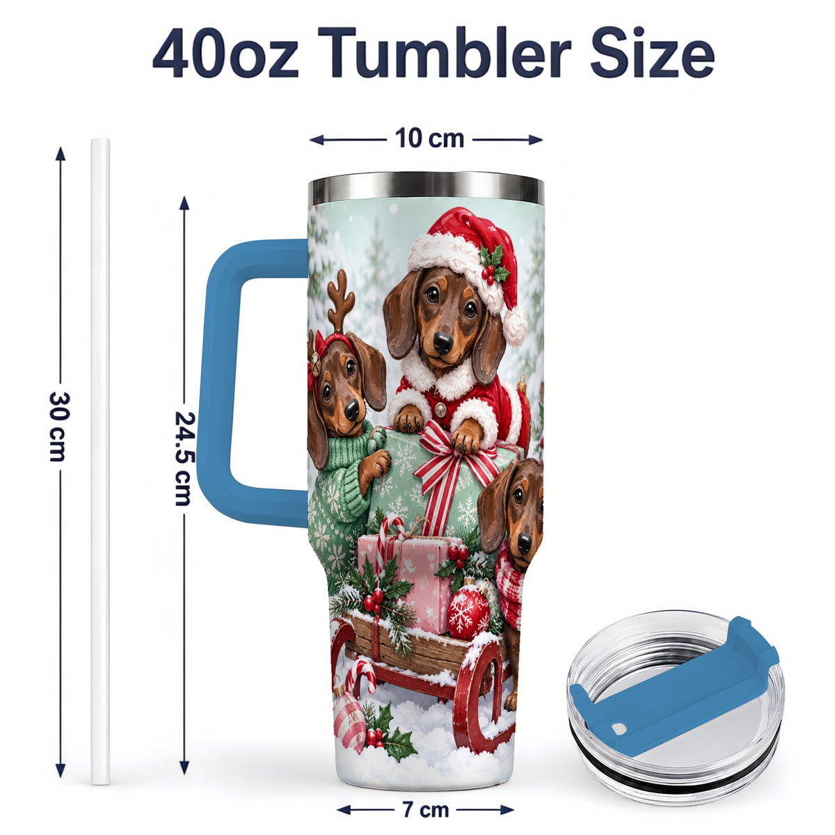 #pl[40oz|Blue] Christmas Dachshund 40oz Tumbler, Winter Sled Design for Dog Lovers