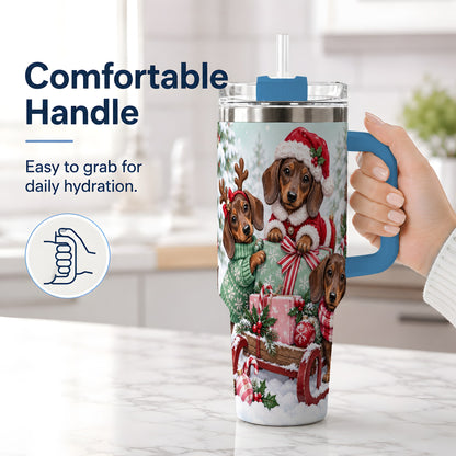 #pl[40oz|Blue] Christmas Dachshund 40oz Tumbler, Winter Sled Design for Dog Lovers