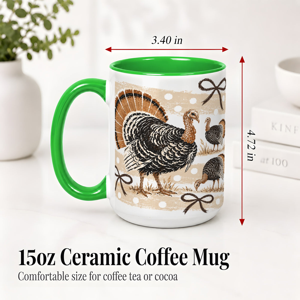 #pl[15oz|Green] Thanksgiving Turkey Ceramic Mug, Rustic Bow Autumn Farm Artwork