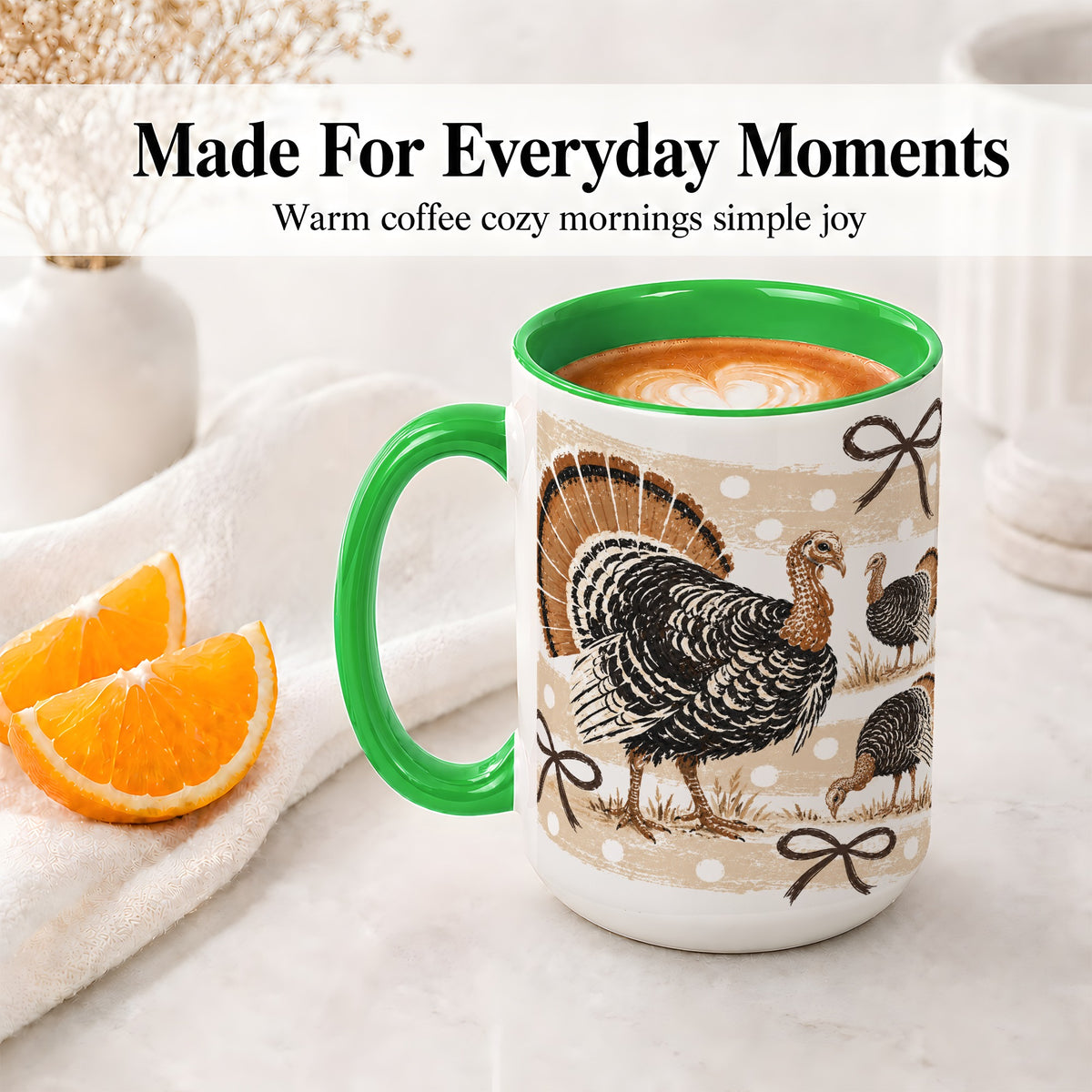 #pl[15oz|Green] Thanksgiving Turkey Ceramic Mug, Rustic Bow Autumn Farm Artwork
