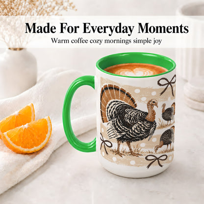 #pl[15oz|Green] Thanksgiving Turkey Ceramic Mug, Rustic Bow Autumn Farm Artwork