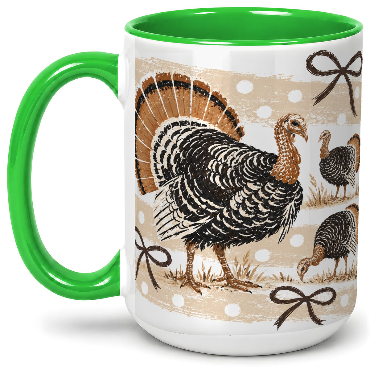 #pl[15oz|Green] Thanksgiving Turkey Ceramic Mug, Rustic Bow Autumn Farm Artwork