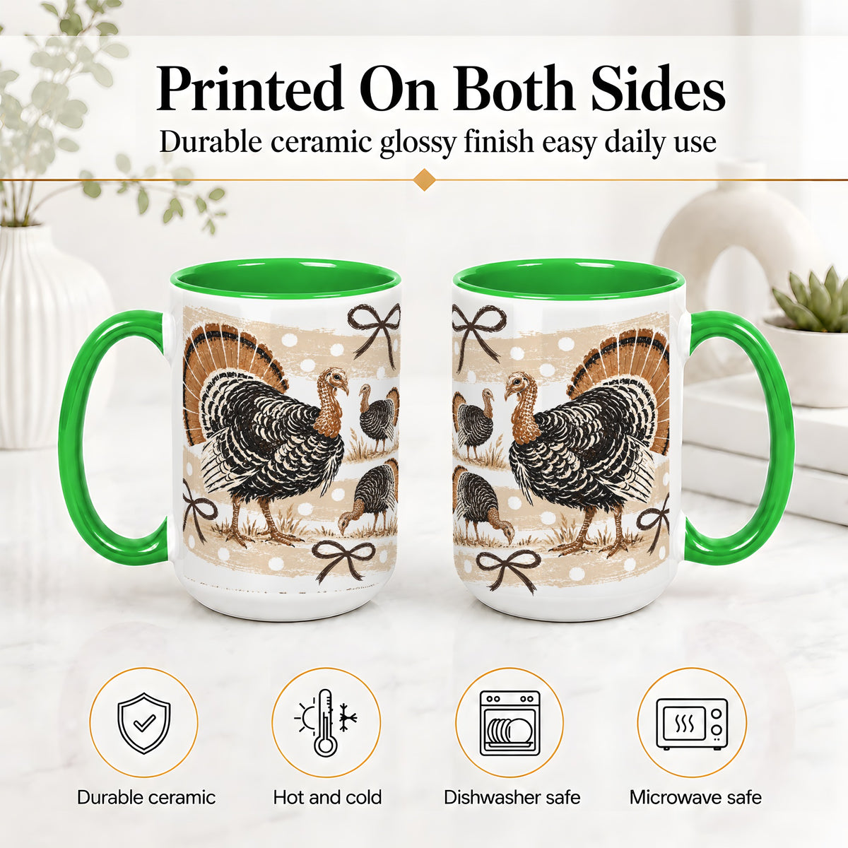 #pl[15oz|Green] Thanksgiving Turkey Ceramic Mug, Rustic Bow Autumn Farm Artwork
