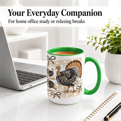#pl[15oz|Green] Thanksgiving Turkey Ceramic Mug, Rustic Bow Autumn Farm Artwork