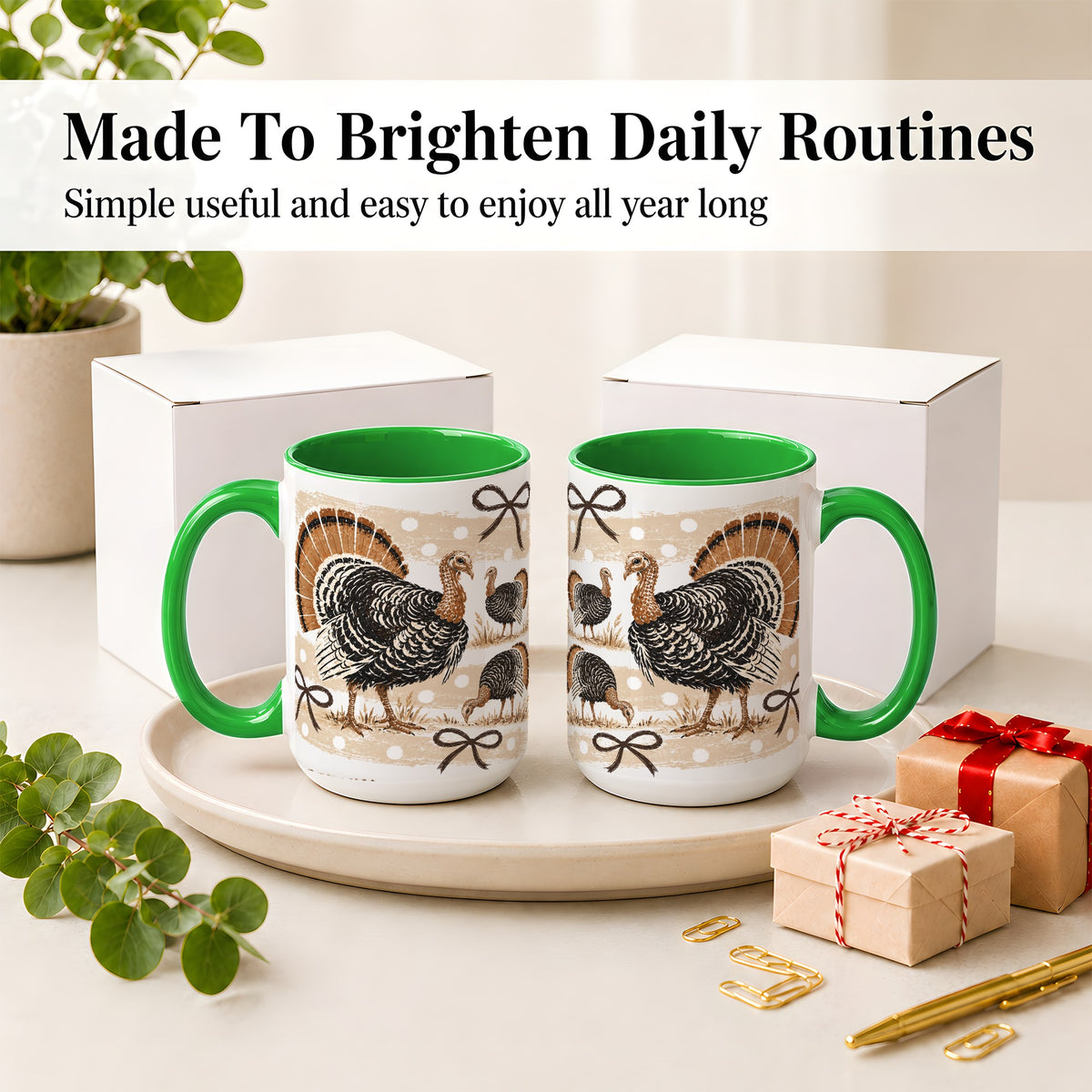 #pl[15oz|Green] Thanksgiving Turkey Ceramic Mug, Rustic Bow Autumn Farm Artwork