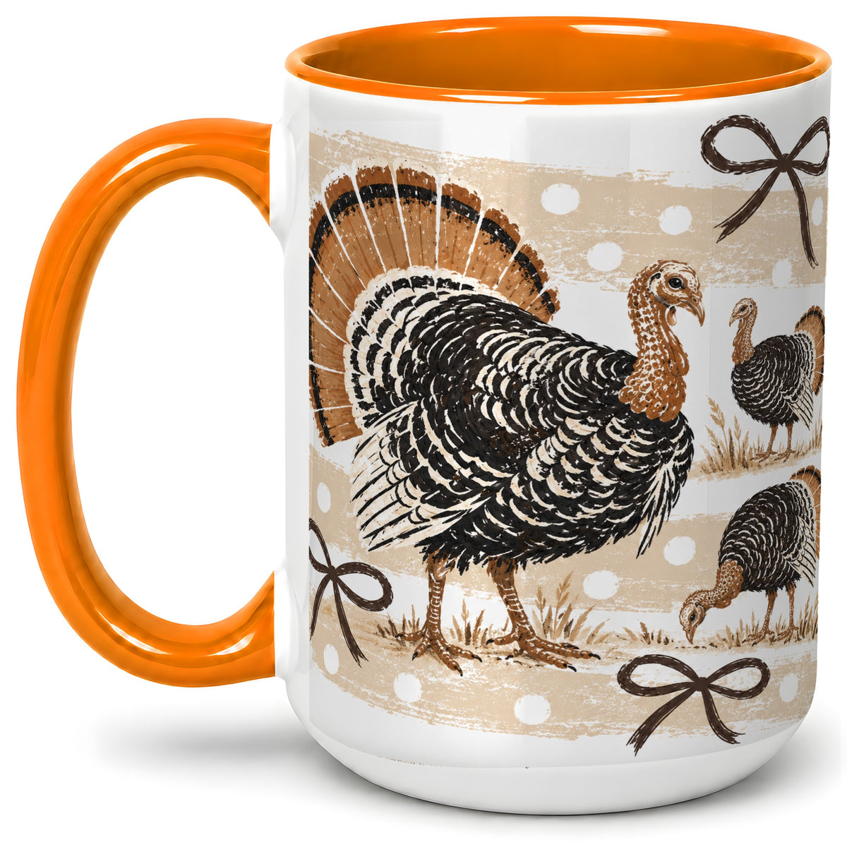 #pl[15oz|Orange] Thanksgiving Turkey Ceramic Mug, Rustic Bow Autumn Farm Artwork