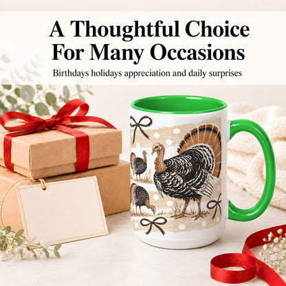 #pl[15oz|Green] Thanksgiving Turkey Ceramic Mug, Rustic Bow Autumn Farm Artwork