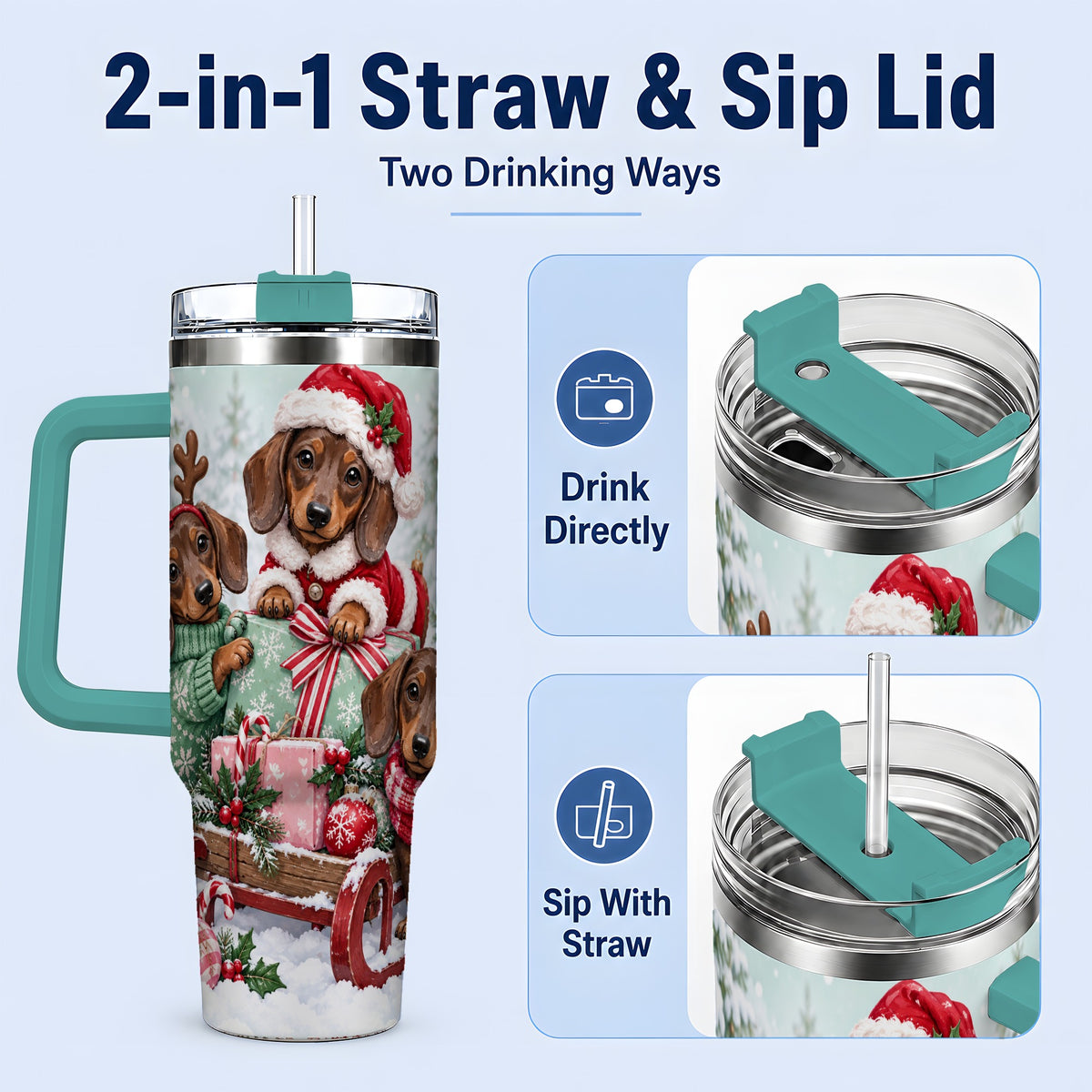 #pl[40oz|Green] Christmas Dachshund 40oz Tumbler, Winter Sled Design for Dog Lovers