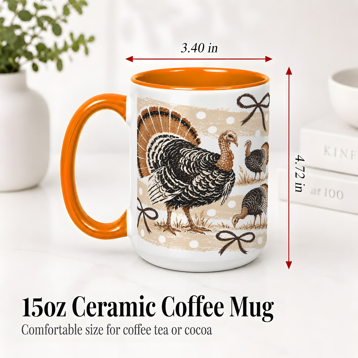 #pl[15oz|Orange] Thanksgiving Turkey Ceramic Mug, Rustic Bow Autumn Farm Artwork