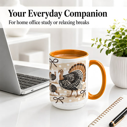 #pl[15oz|Orange] Thanksgiving Turkey Ceramic Mug, Rustic Bow Autumn Farm Artwork