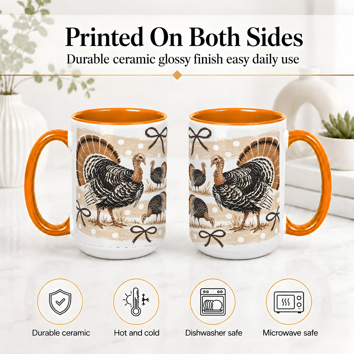 #pl[15oz|Orange] Thanksgiving Turkey Ceramic Mug, Rustic Bow Autumn Farm Artwork