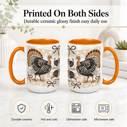 #pl[15oz|Orange] Thanksgiving Turkey Ceramic Mug, Rustic Bow Autumn Farm Artwork