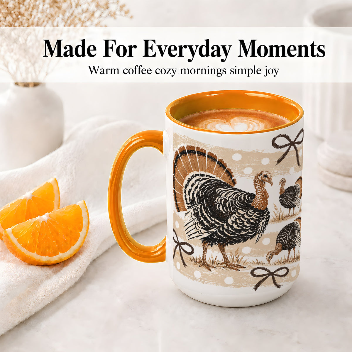 #pl[15oz|Orange] Thanksgiving Turkey Ceramic Mug, Rustic Bow Autumn Farm Artwork