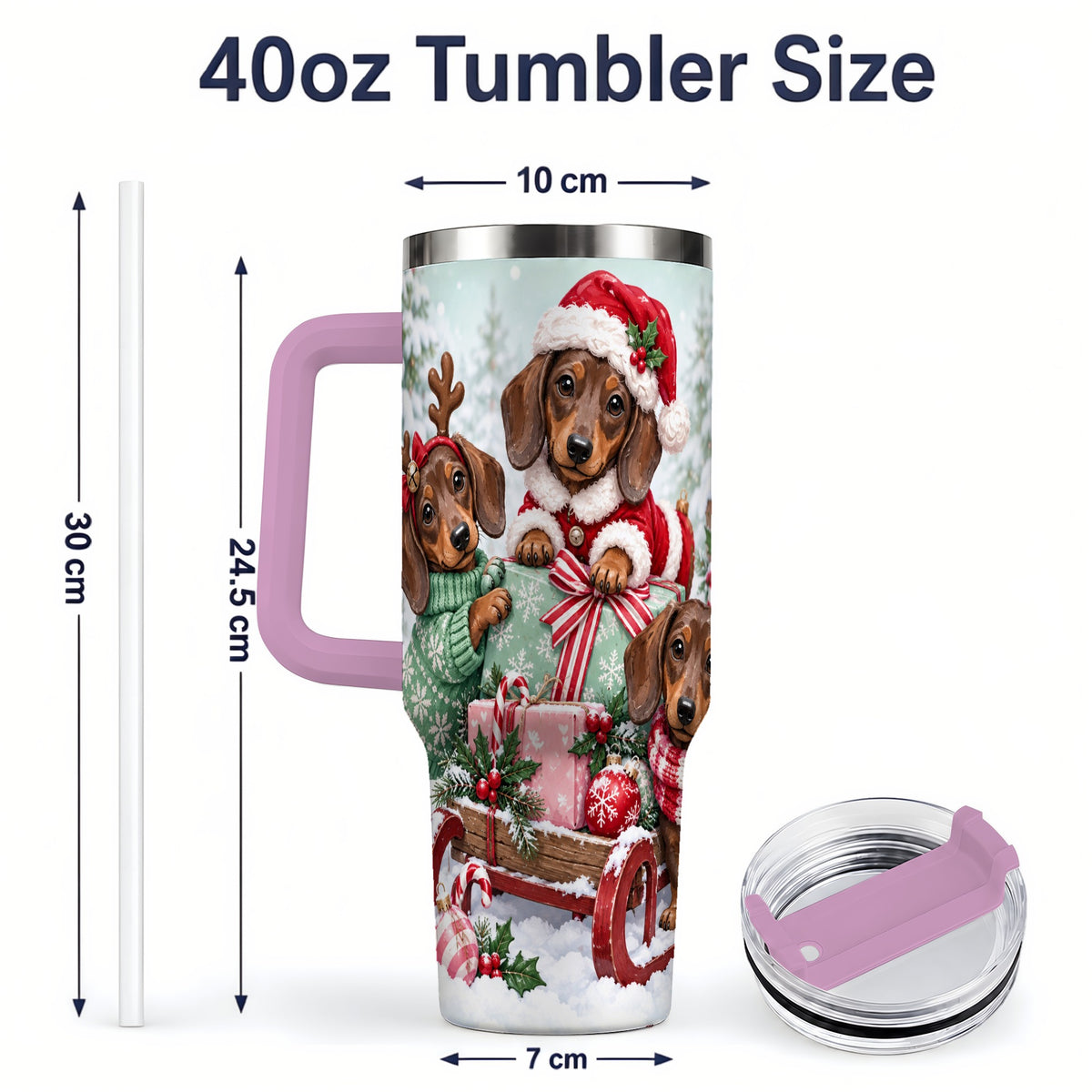 #pl[40oz|Pink] Christmas Dachshund 40oz Tumbler, Winter Sled Design for Dog Lovers