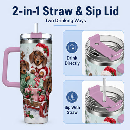#pl[40oz|Pink] Christmas Dachshund 40oz Tumbler, Winter Sled Design for Dog Lovers