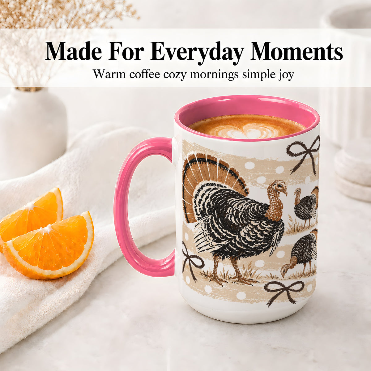 #pl[15oz|Pink] Thanksgiving Turkey Ceramic Mug, Rustic Bow Autumn Farm Artwork