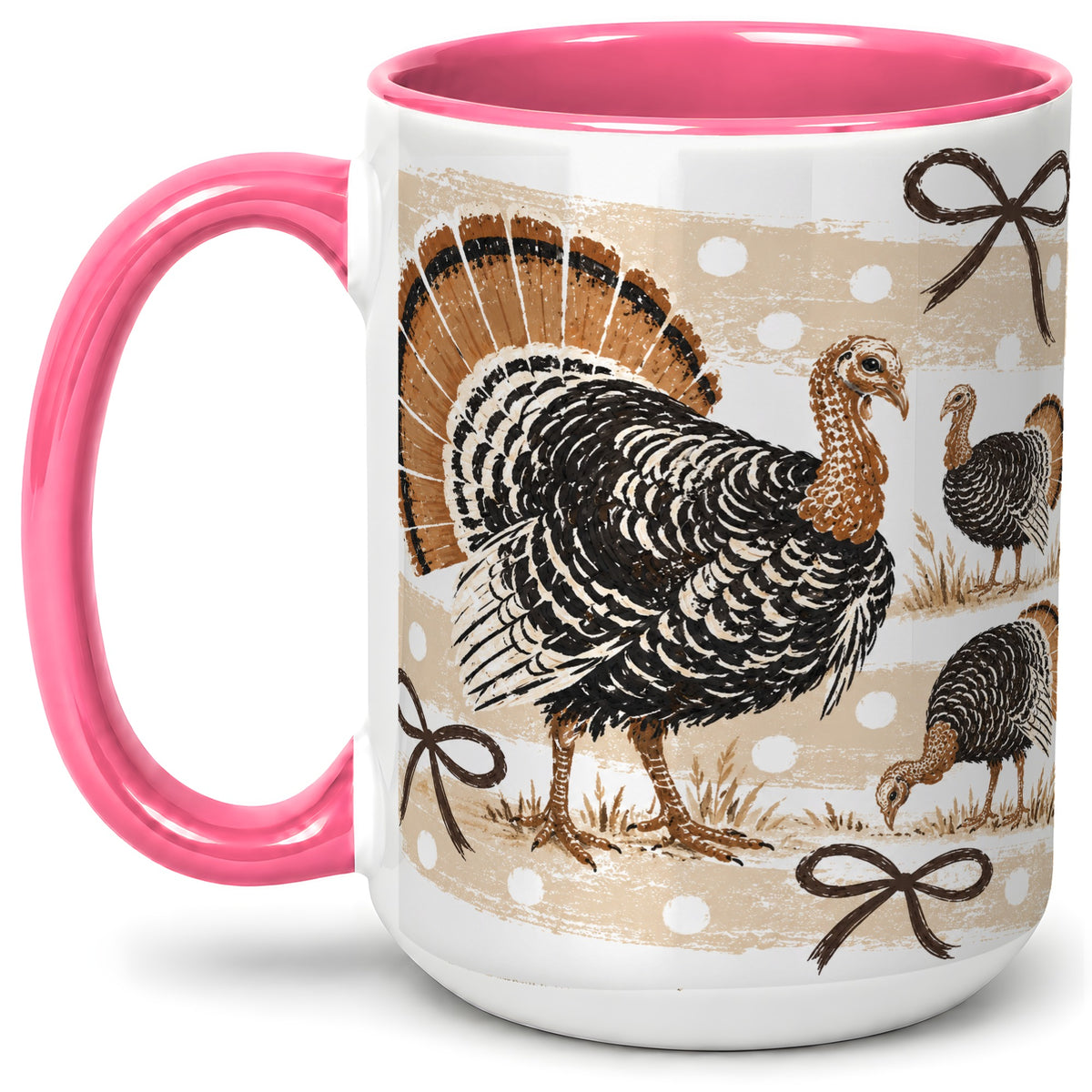 #pl[15oz|Pink] Thanksgiving Turkey Ceramic Mug, Rustic Bow Autumn Farm Artwork