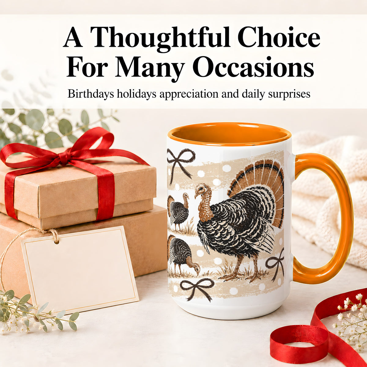 #pl[15oz|Orange] Thanksgiving Turkey Ceramic Mug, Rustic Bow Autumn Farm Artwork