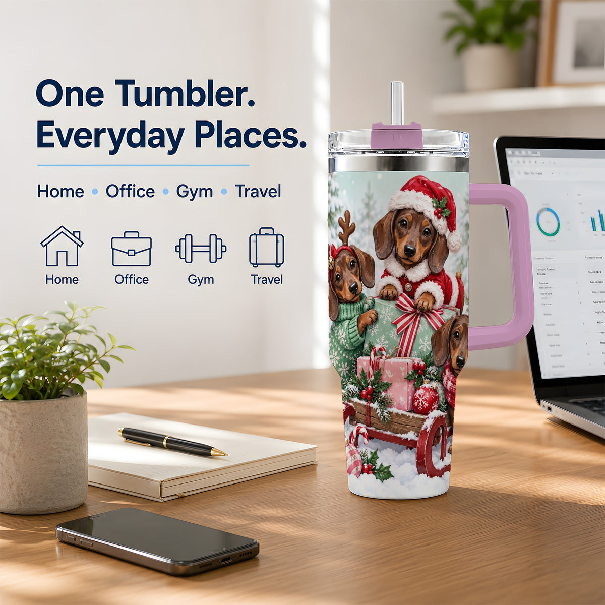 #pl[40oz|Pink] Christmas Dachshund 40oz Tumbler, Winter Sled Design for Dog Lovers