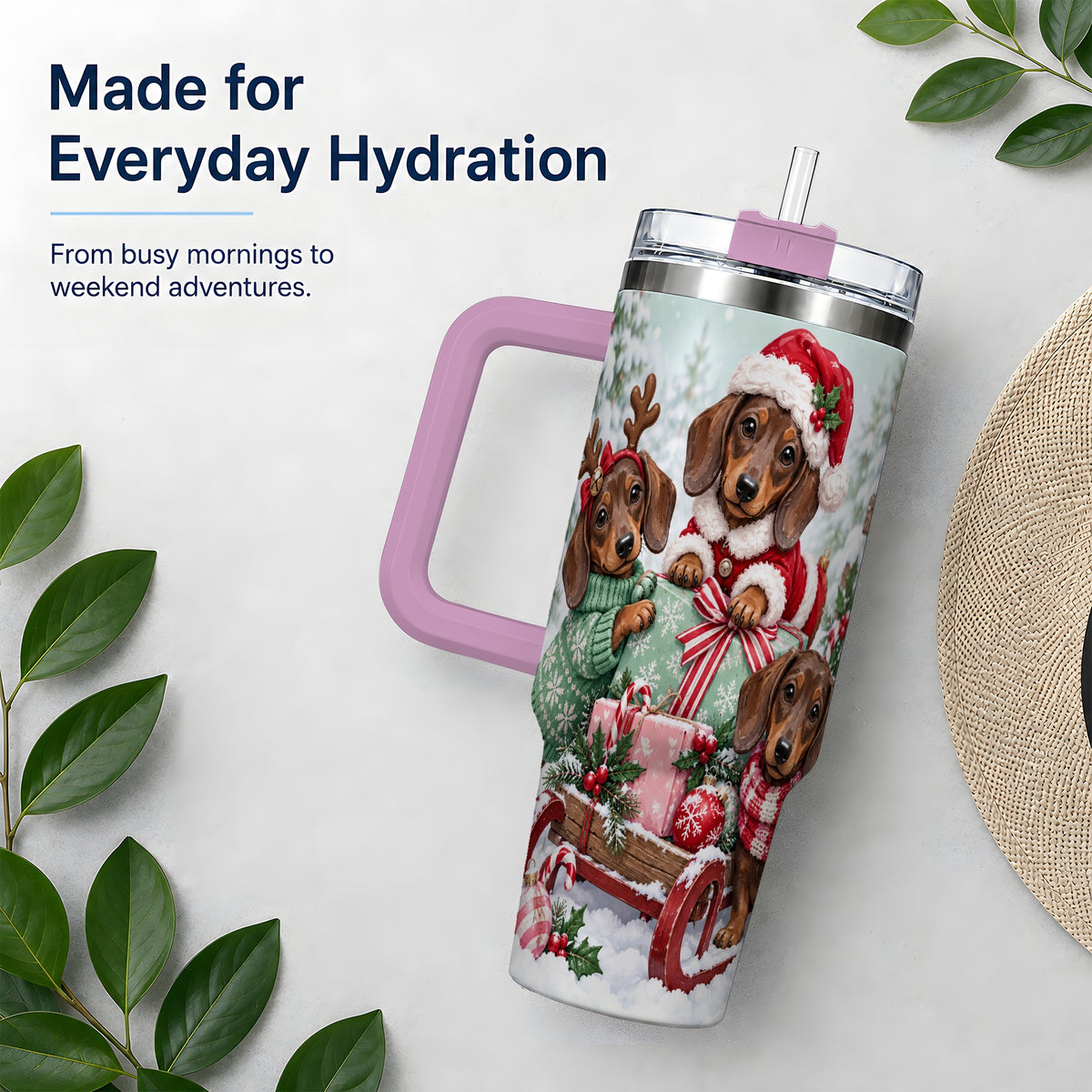 #pl[40oz|Pink] Christmas Dachshund 40oz Tumbler, Winter Sled Design for Dog Lovers