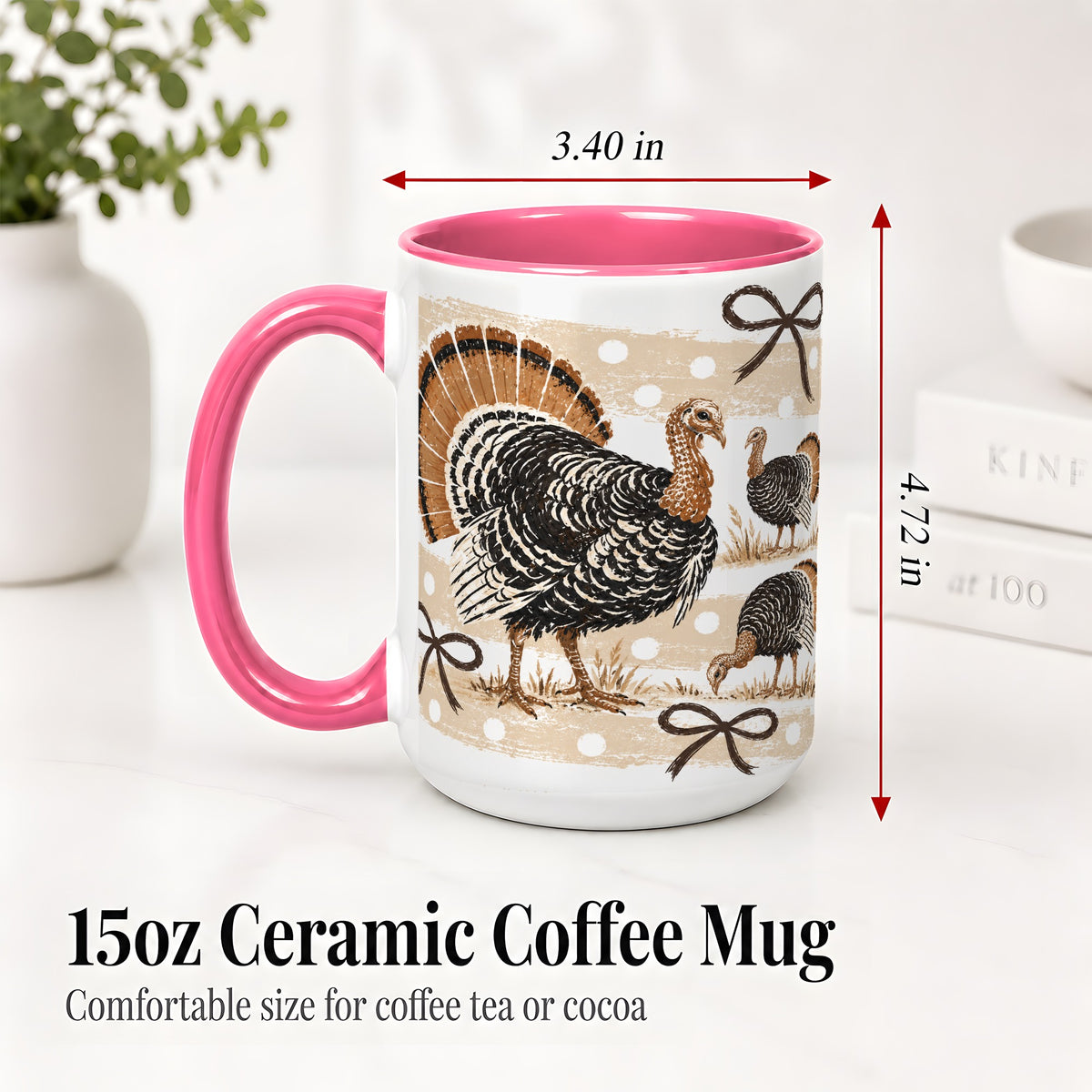 #pl[15oz|Pink] Thanksgiving Turkey Ceramic Mug, Rustic Bow Autumn Farm Artwork