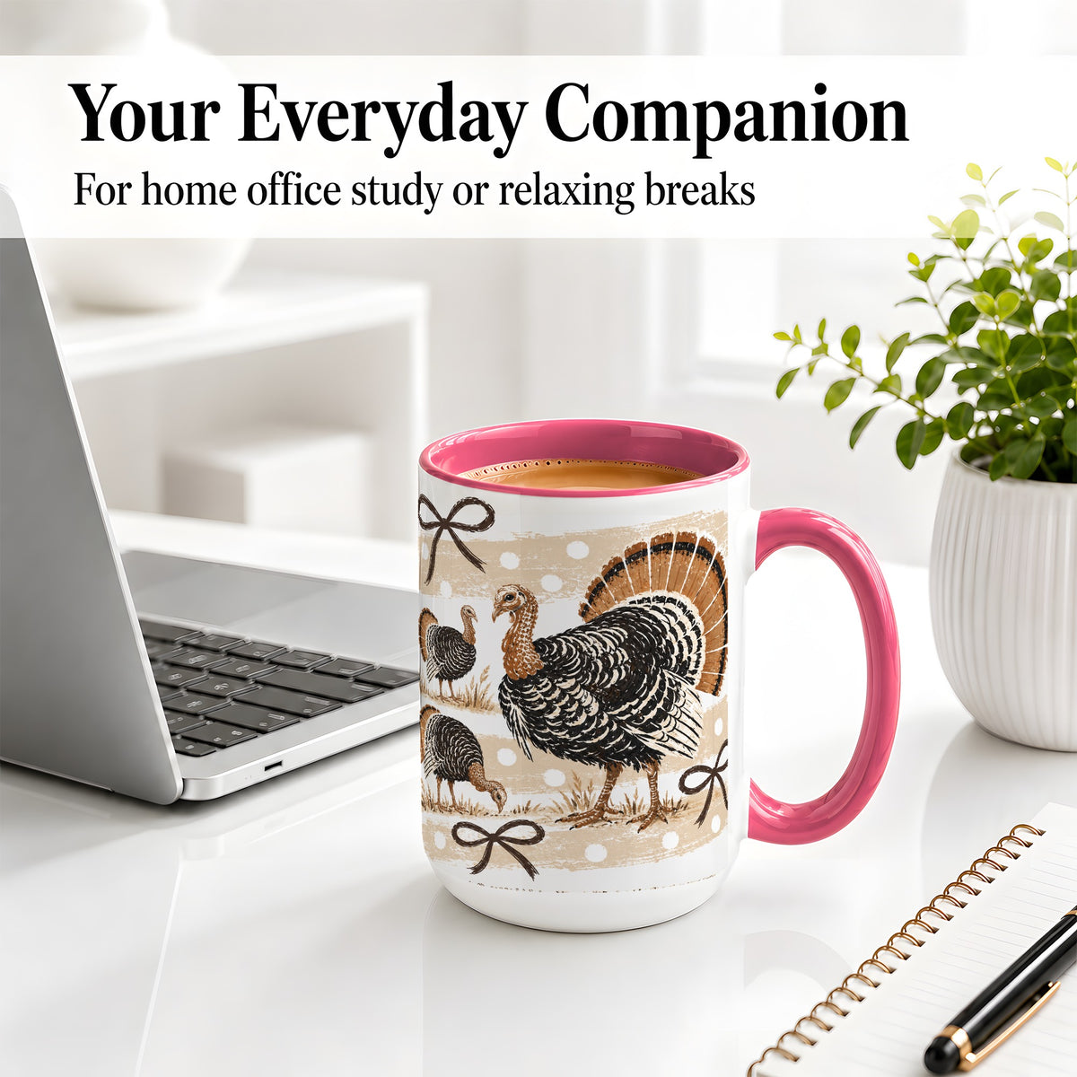 #pl[15oz|Pink] Thanksgiving Turkey Ceramic Mug, Rustic Bow Autumn Farm Artwork