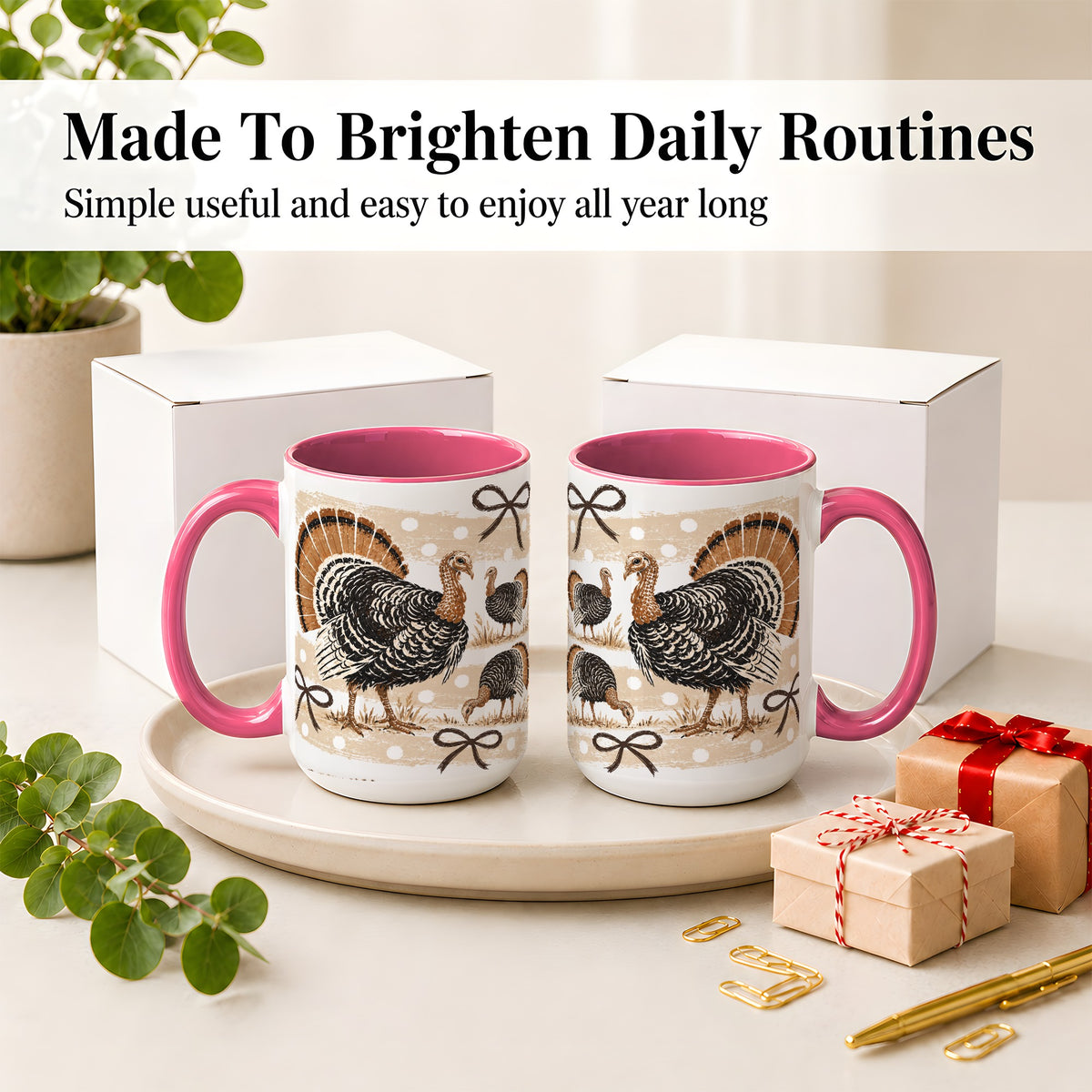 #pl[15oz|Pink] Thanksgiving Turkey Ceramic Mug, Rustic Bow Autumn Farm Artwork