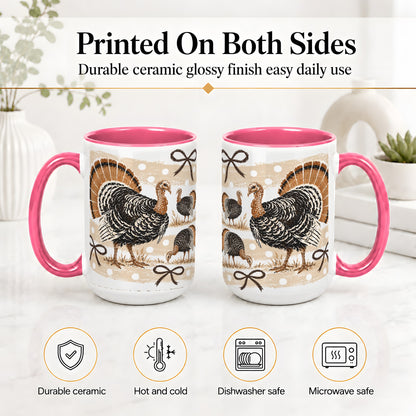 #pl[15oz|Pink] Thanksgiving Turkey Ceramic Mug, Rustic Bow Autumn Farm Artwork