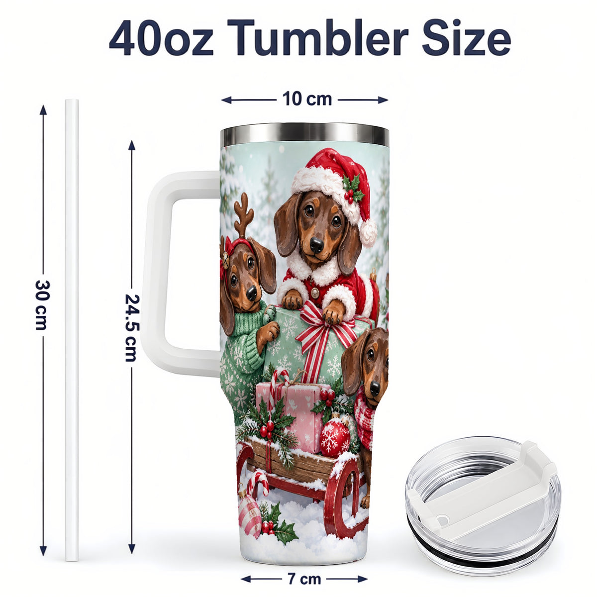 #pl[40oz|White] Christmas Dachshund 40oz Tumbler, Winter Sled Design for Dog Lovers