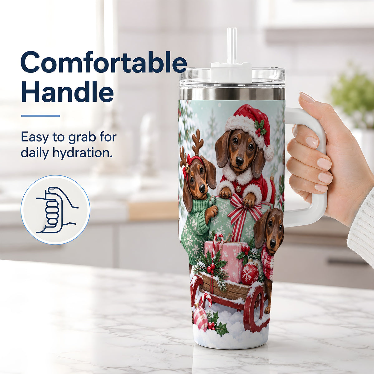 #pl[40oz|White] Christmas Dachshund 40oz Tumbler, Winter Sled Design for Dog Lovers