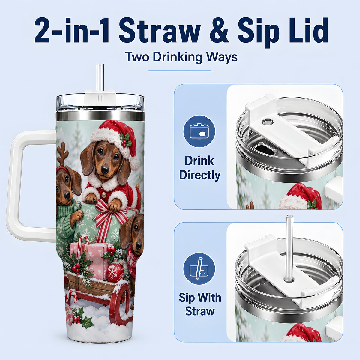 #pl[40oz|White] Christmas Dachshund 40oz Tumbler, Winter Sled Design for Dog Lovers