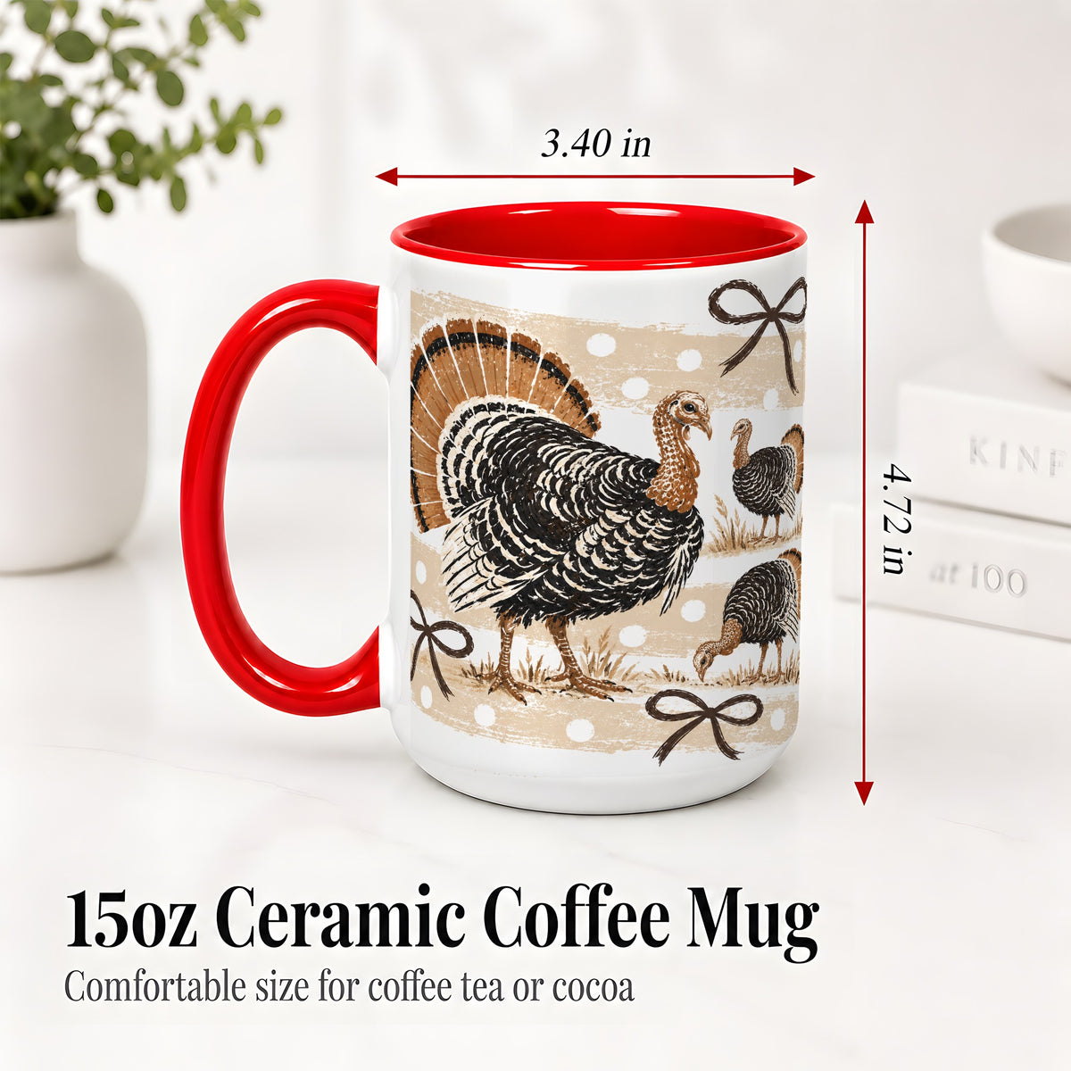 #pl[15oz|Red] Thanksgiving Turkey Ceramic Mug, Rustic Bow Autumn Farm Artwork