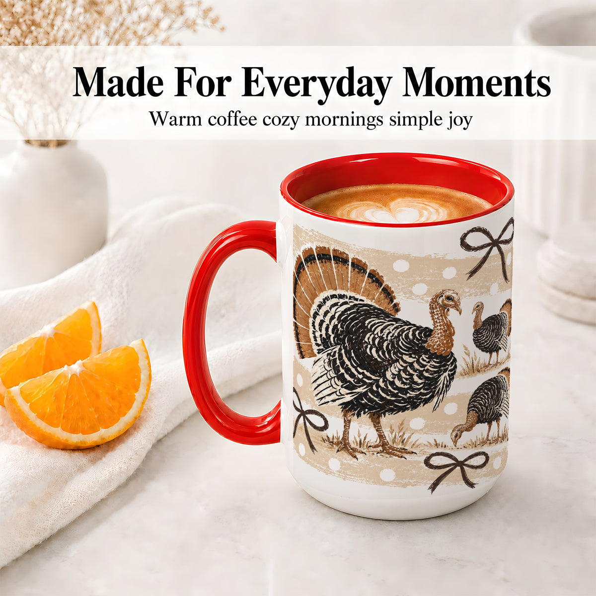 #pl[15oz|Red] Thanksgiving Turkey Ceramic Mug, Rustic Bow Autumn Farm Artwork
