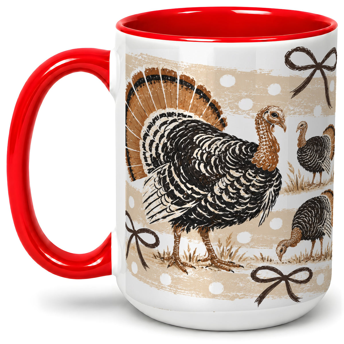 #pl[15oz|Red] Thanksgiving Turkey Ceramic Mug, Rustic Bow Autumn Farm Artwork